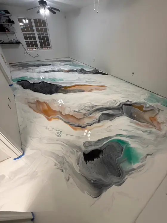 Teal, white and copper metallic running across a whole room