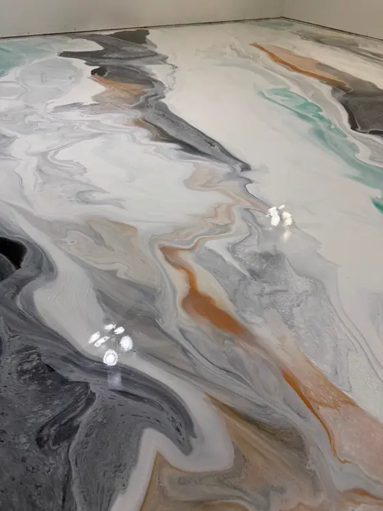 White, grey, copper and teal metallic floor